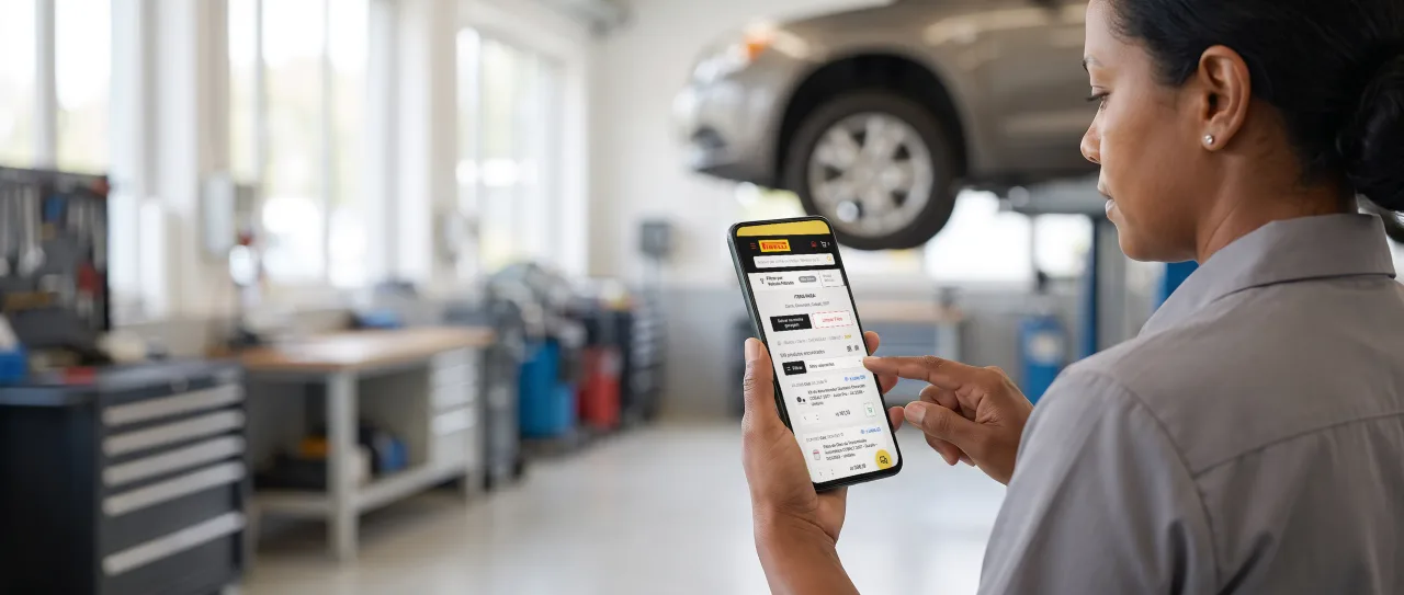 Técnica de oficina, de uniforme cinza, segura o celular ao lado de um carro no elevador; a tela mostra o Pirelli Conecta filtrado por veículo.